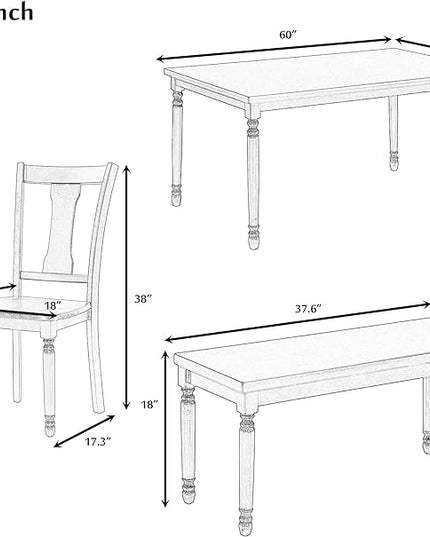 6-Piece Classic Rectangle Wooden Dining Table Set with 4 Chairs and Bench for Kitchen, Brown + Cottage White, 60" L x 35.8" W x 30" H - LeafyLoom
