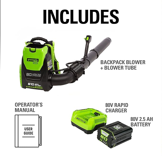 Greenworks 80V (180 MPH / 610 CFM / 75+ Compatible Tools) Cordless Brushless Backpack Blower, 2.5Ah Battery and Rapid Charger Included, Green/Black - LeafyLoom