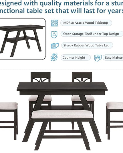6-Piece Wood Counter Height Dining Table Set with Storage Shelf, Bench and 4 Chairs, for Kitchen, Living Room, Rustic Style, Espresso, 60" L x 30" W x 36" H - LeafyLoom