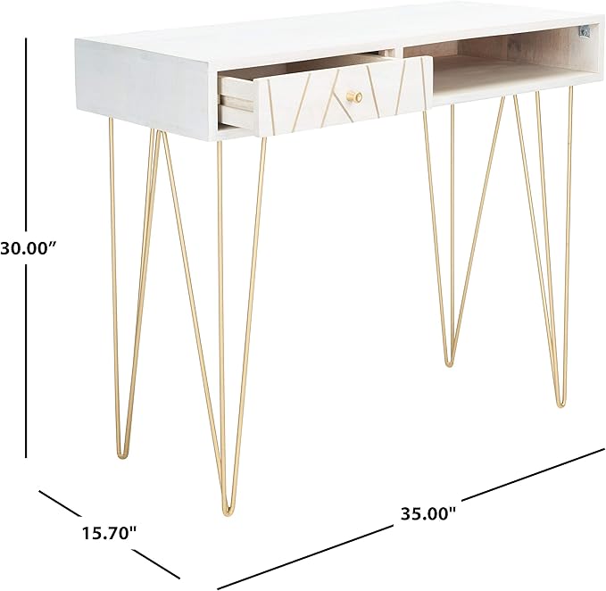 Safavieh Home Office Collection Marigold White Wash and Brass 1-Drawer Hairpin Leg Desk, 0 - LeafyLoom