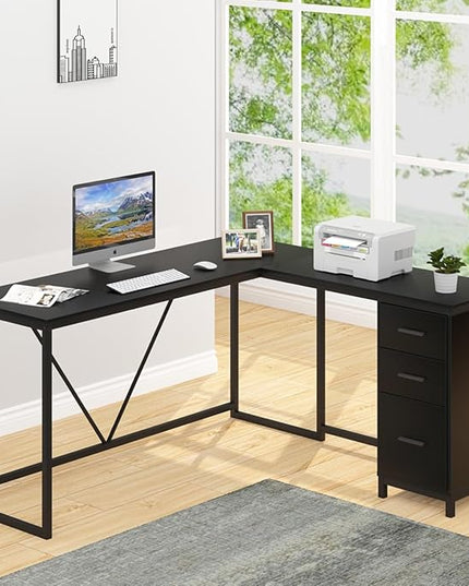 HSH Large Black L Shaped Desk, Corner Wood Computer Desk with Drawer, Modern Work Home Office Desk with Storage Cabinet, Industrial Executive PC Study Writing Desk for Living Bedroom, Black, 59 Inch - LeafyLoom
