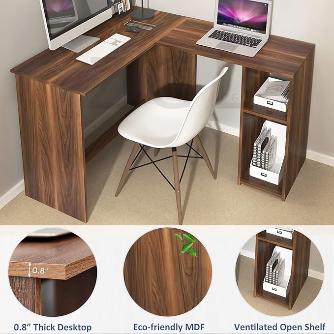 FurnitureR 47.2-Inch L-Shaped Computer Desk Home Office Study Writing Corner Gaming Table Retro Design Work Station Space-Saving for Study Room Bedroom, Walnut - LeafyLoom
