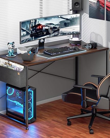 MoNiBloom Home Office Gaming Desk, 55 Inches Computer Study Table with A Storage Bag, Rustic Brown - LeafyLoom