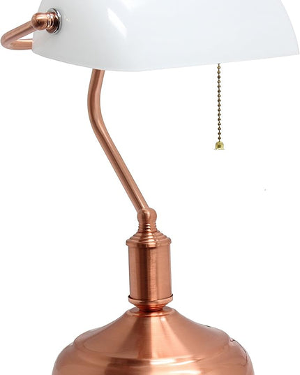 Simple Designs LT3216-RGD Executive Banker's Desk Lamp with White Glass Shade, Rose Gold - LeafyLoom