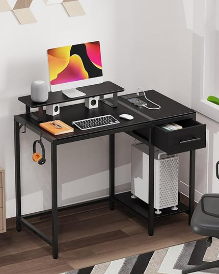 Gaming Desk with Led Lights & Power Outlets, 40 Small Gaming Computer Desk with Drawers, Reversible Gamer Desk with Monitor Stand,Work for Home Office,Writing Study Table for Bedroom,Black - LeafyLoom