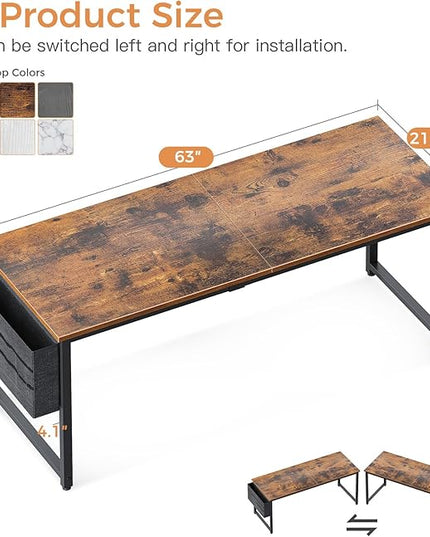 ODK Computer Desk Large Office Desk, 63 Inch Writing Desk with Storage, Modern PC Desk Work Table with Headphone Hook for Home Office, Spliced Tabletop, Rustic Brown - LeafyLoom