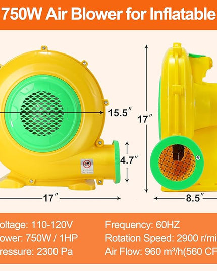Bounce House Blower, 750W 1HP Commercial Air Blower with Double-Sided Fan Blade Design, Strong Wind and Great Heat Dissipation Properties for Medium and Large Bouncy Castle, Jump Slides, Arch - LeafyLoom