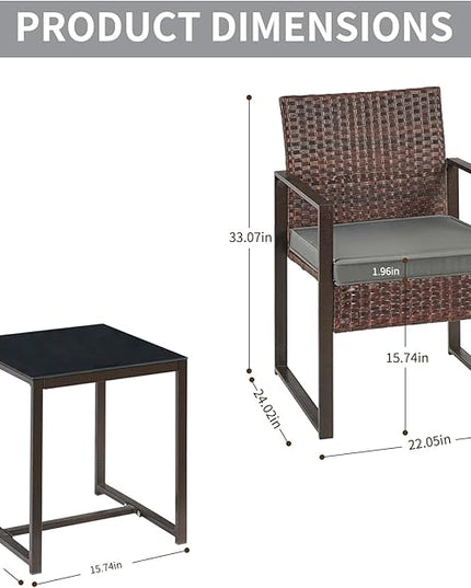 3 Pieces Patio Furniture Set Outdoor Wicker Bistro set Rattan Chair Conversation Sets with Coffee Table for Porch, Balcony,Garden,Backyard and Removable Cushions Grey - LeafyLoom