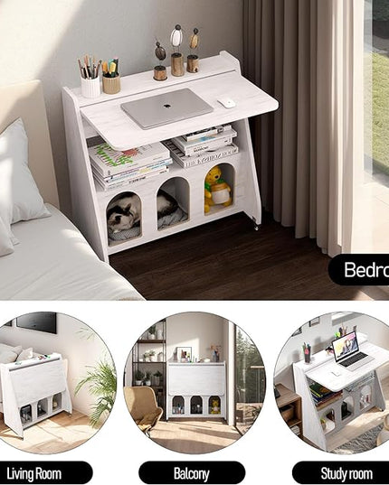 Pmnianhua Farmhouse Portable Desk on Wheels,Mobile Workstation,Rolling Computer Desk with Wheels and Storage for Home Office Small Space(white) - LeafyLoom