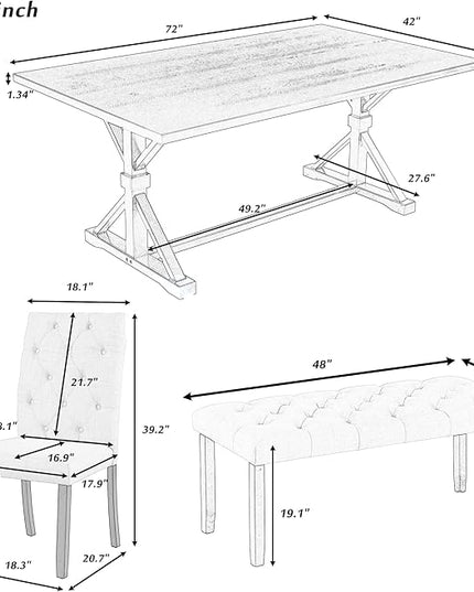 RITSU 6-Piece 72-Inch Rectangular Dining Table Set with 4 Upholstered Button-Tufted Chairs and Bench W/Wooden Structure & Shaped Legs for Living Room, Apartment, Espresso, 72inch - LeafyLoom