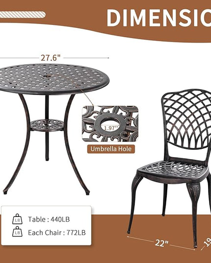 Patio Bistro Set 3 Piece Outdoor Cast Aluminum Bistro Table and Chairs Set of 2 with 1.97" Umbrella Hole,All Weather Outdoor Bistro Set for Front Proch Set (Bronze) - LeafyLoom