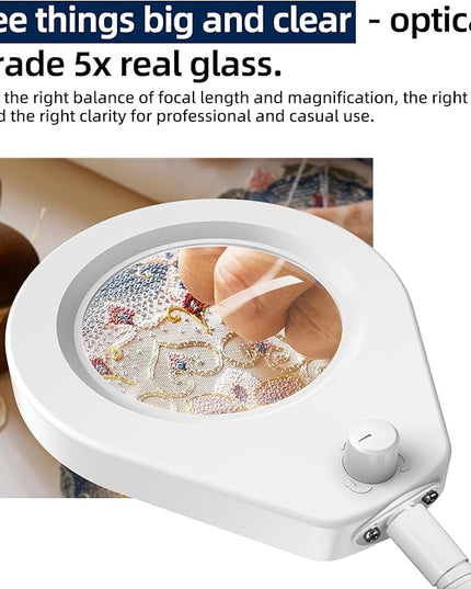 5X Magnifying Glass with Lights and Clamp, 4.2'' 5X Real Glass Magnifier Desk Lamp, w/Flexible Gooseneck Handsfree for Craft Workbench Hobby - New Rotary Switch Design - LeafyLoom