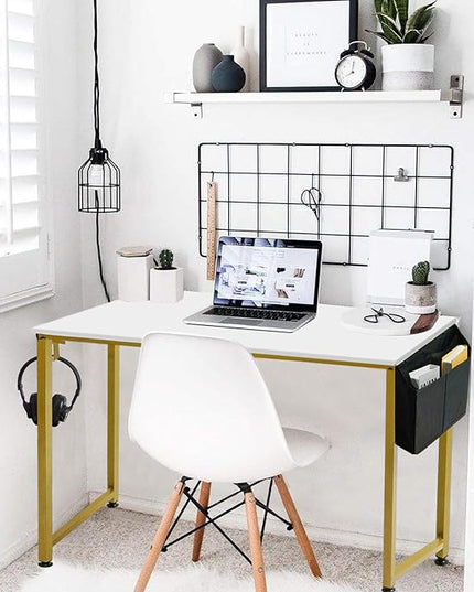 Lufeiya Small Computer Desk White Writing Table for Home Office Small Spaces 31 Inch Modern Student Study Laptop PC Desks with Gold Legs Storage Bag Headphone Hook,White Gold - LeafyLoom