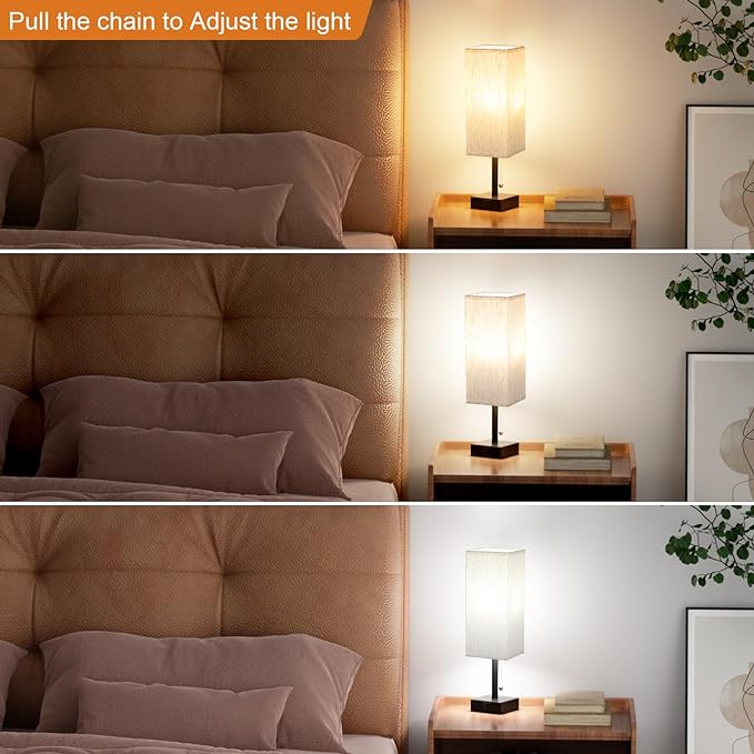 Pull Chain Small Table Lamp for Bedroom with USB Ports, 3 Color Temperature Bedside Lamp for Kid's Room Office - LeafyLoom