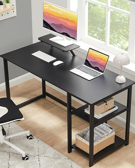 GreenForest Computer Home Office Desk with Monitor Stand and Storage Shelves on Left or Right Side,47 inch Modern Writing Study PC Laptop Work Table,Black - LeafyLoom