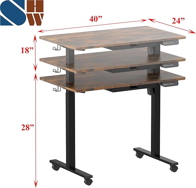 SHW Small Electric Height Adjustable Mobile Sit Stand Desk with Drawer, Hanging Hooks and Cable Management, 40 x 24 Inches, Rustic Brown - LeafyLoom
