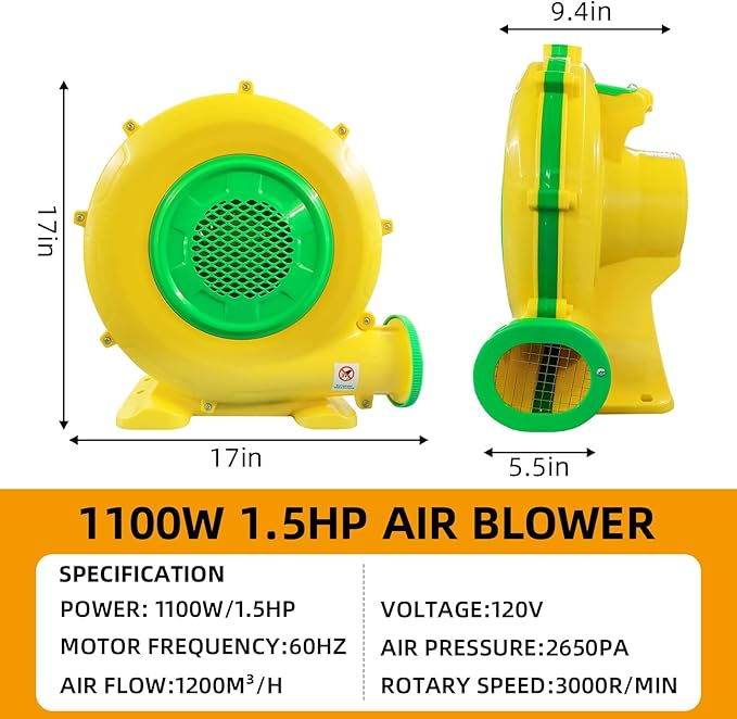 Inflatable Bounce House Blower, QILEBA 1100Watt/1.5HP Powerful Air Blower for Large Inflatables, Portable Bubble House Blower Fan Pump for Spray Booth, Bouncy Castle, Jumper, Water Slid, Blower Corded - LeafyLoom