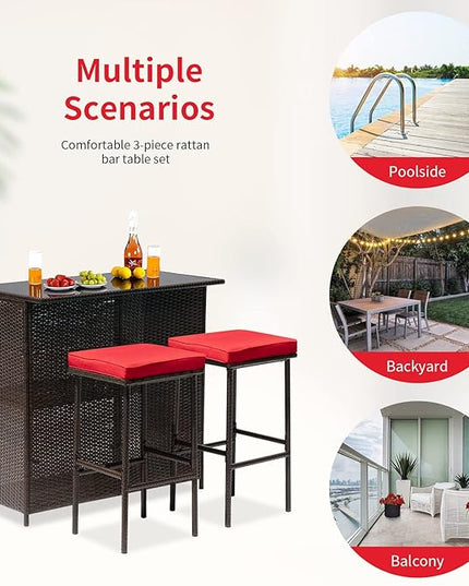 FDW Outdoor Furniture Set Wicker Bistro Set 3PCS Patio Bar Set with Two Stools for Patio Backyard Balcony,Red Cushion - LeafyLoom