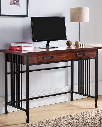 Leick Home 11200 Ironcraft Rustic Writing/Computer Desk with Drop Front Keyboard Drawer, Mission Oak and Black, 22x 46x 30, Brownbronze - LeafyLoom