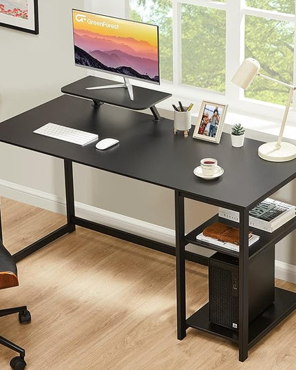 GreenForest Computer Home Office Desk with Monitor Stand and Storage Shelves on Left or Right Side,47 inch Modern Writing Study PC Laptop Work Table,Black - LeafyLoom