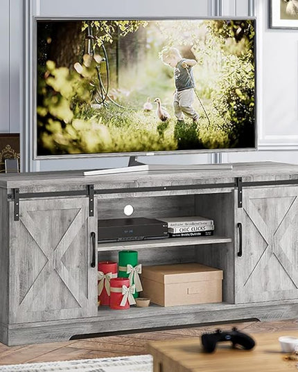 IDEALHOUSE TV Stand Farmhouse Entertainment Center for 65 Inch TV & Media Furniture, Rustic TV Stands with Storage and Barn Doors TV Console Table Under TV Cabinet for Living Room, Rustic Grey - LeafyLoom