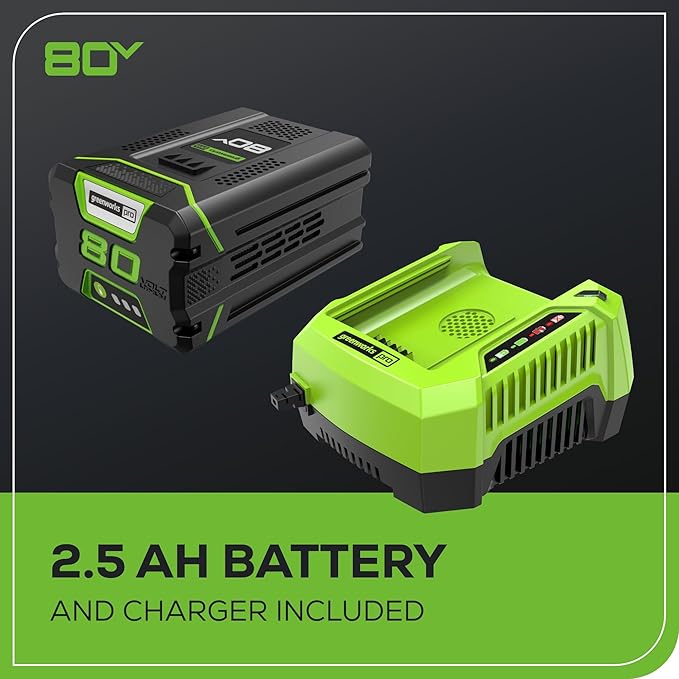 Greenworks Pro 80V (145 MPH / 580 CFM) Brushless Cordless Axial Leaf Blower, 2.5Ah Battery and Charger Included BL80L2510 & PRO 80V 2.0Ah Lithium-Ion Battery (Genuine Battery) - LeafyLoom