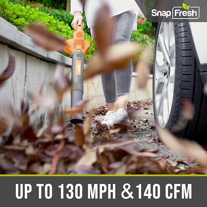 SnapFresh Cordless Leaf Blower - 20V Electric Leaf Blower with 2.0 Ah Battery and Charger - Lightweight 2-Speed Leaf Blower for Lawn Care and Yard/Garden/Patio Cleaning (Orange) - LeafyLoom