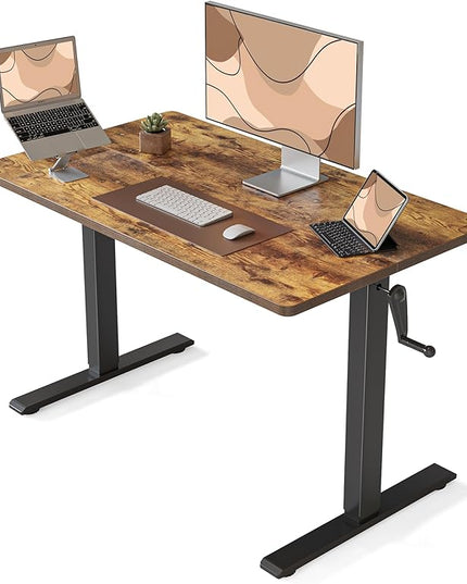 FEZIBO Crank Height Adjustable Desk, 40 Inches Manual Standing Desk, Writing Table with Handle, Home Office Desk with Black Frame/Rustic Brown Top - LeafyLoom