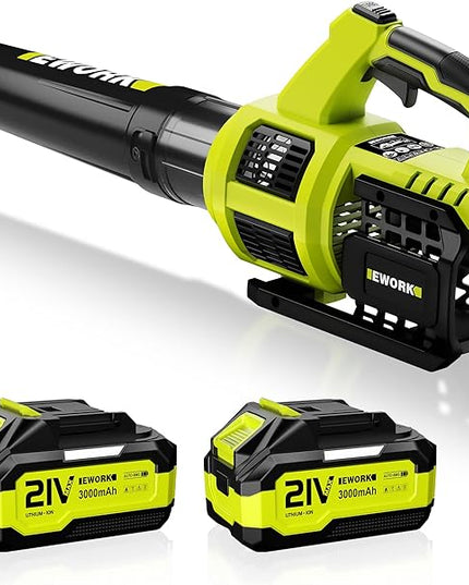 EWORK Cordless Leaf Blower with (2) 3.0Ah Battery and Fast Charger - 400CFM 21V Electric Leaf Blower Cordless, Variable Speed and Turbo Mode - Battery Powered Leaf Blowers for Lawn Care, Yard - LeafyLoom
