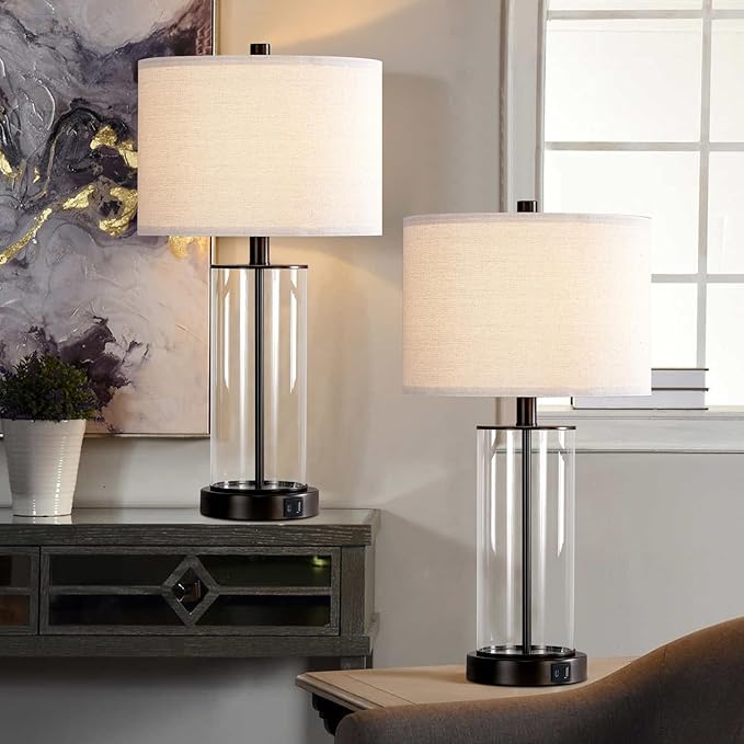 23.5'' Glass Table Lamp Set of 2 for Living Room, 3-Way Touch Control Table Lamps with USB Ports and AC Outlets(Bulbs Included) - LeafyLoom