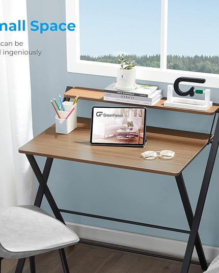 GreenForest Folding Desk No Assembly Required Small Size, 2-Tier Foldable Computer Desk with Shelf for Home Office, Space Saving Portable Laptop Study Foldable Table for Small Spaces, Espresso - LeafyLoom