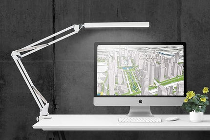 LED Desk Lamp, Architect Task Lamp, Metal Swing Arm Dimmable Drafting Table Lamp with Clamp (3 Color Modes, 10-Level Dimmer, Memory Function) Highly Adjustable Office, Craft, Workbench Light - LeafyLoom