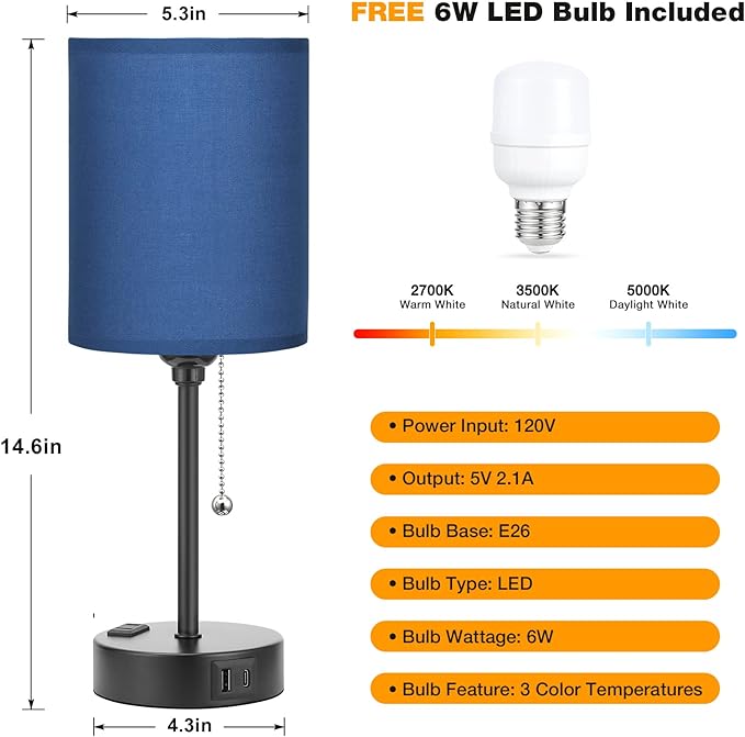 Blue Table Lamps 3 Color Temperatures - 2700K 3500K 5000K Bedside Lamps with USB C and A Ports, Pull Chain Lamps for Bedrooms with AC Outlet, Nightstand Lamps with Black Metal Base for Kids Boys - LeafyLoom