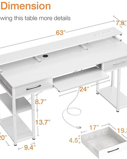 ODK Computer Desk with Drawers & Power Outlet, 63 Inch Office Desk with Keyboard Tray & Storage Shelves & PC Stand, Large Office Table Work Desk with Monitor Stand, White - LeafyLoom