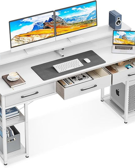 ODK Computer Desk with Drawers and Storage Shelves, 63 inch Home Office Desk with Monitor Stand, Modern Work Study Writing Table Desk for Small Spaces, White + White leg - LeafyLoom