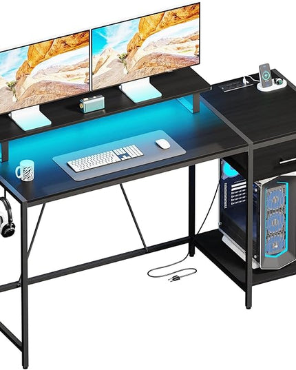 Gaming Desk with Led Light & Power Outlets, 55" Computer Desk with Wooden Drawers and Monitor Stand, Office Desk with Shelves and 2 Headphone Hooks, Work Desk for Home Office,Black - LeafyLoom