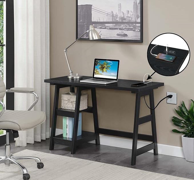 Convenience Concepts Designs2Go Trestle Desk with Charging Station and Shelves, Black - LeafyLoom