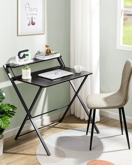 GreenForest Folding Desk No Assembly Required Large Size, 2-Tier Foldable Computer Desk with Shelf for Home Office, Space Saving Portable Laptop Study Foldable Table for Bedroom, Black - LeafyLoom