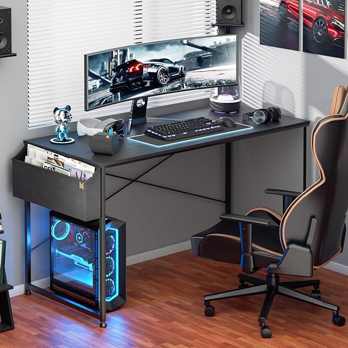 MoNiBloom Computer Desk 55", Simple Style Home Gaming Desk with Storage Bag, Office Writing Workstation- Black - LeafyLoom