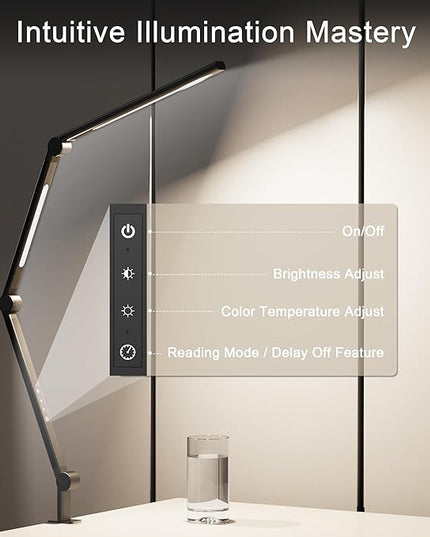 LED Desk Lamp with Clamp, Adjustable Swing Arm, Dual Light Sources, Stepless Dimming, Modern Table Light for Home Office, Work, Study, Flexible, Eye-Caring Clip-on Desk Light - LeafyLoom