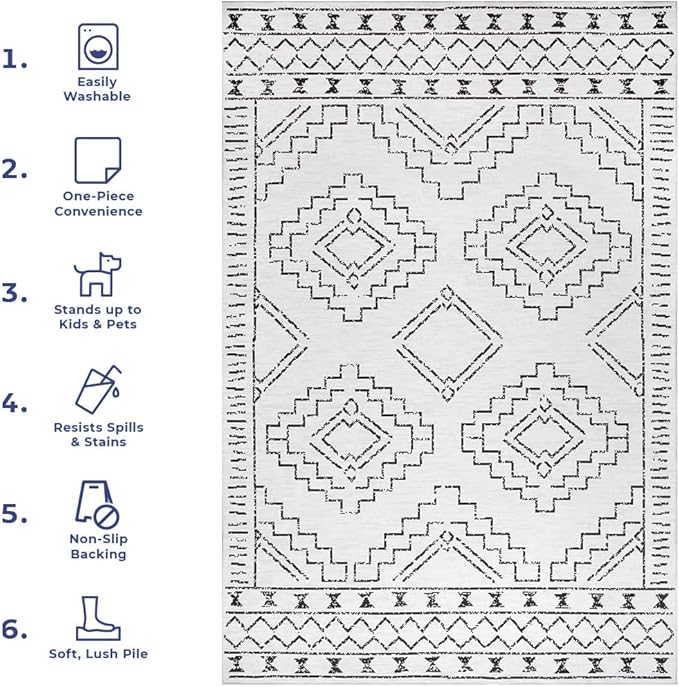 nuLOOM Noa Machine Washable Tribal Moroccan Ultra Thin Area Rug, 4x6, Ivory - LeafyLoom