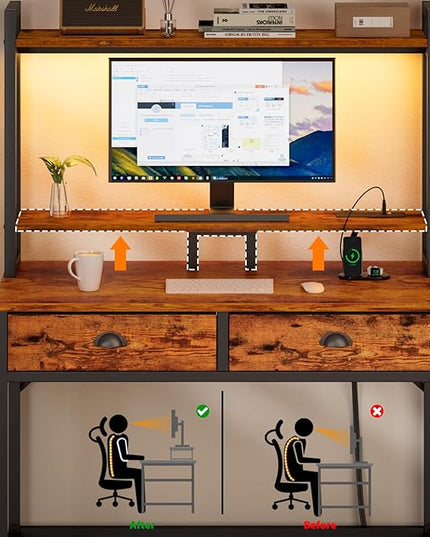 Furologee Small Computer Desk with Power Outlet and 2 Fabric Drawers, Gaming Desk with Light, Home Office Desk with Monitor Stand and Hutch for Small Space Working, Study Table with Shelf Rustic Brown - LeafyLoom