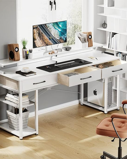 ODK Computer Desk with Drawers and Storage Shelves, 63 inch Home Office Desk with Monitor Stand, Modern Work Study Writing Table Desk for Small Spaces, White + White leg - LeafyLoom