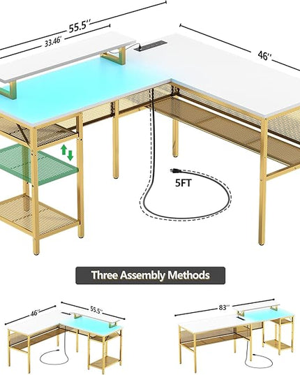 L Shaped Desk, 55 Inch Reversible Computer Desk with Power Outlet and RGB LED Light, Sturdy Corner Office Gaming Desk with Ergonomic Monitor Stand, Attractive Grid Design, White and Gold - LeafyLoom