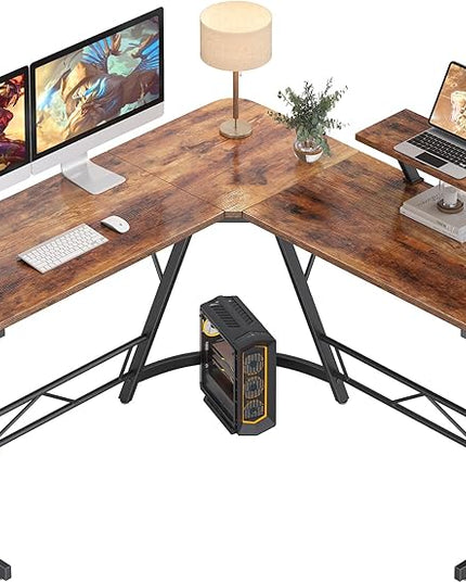 Mr IRONSTONE L Shaped Computer Desk: Corner Desk, Home Office Desk, Gaming Writing Workstation with Large Monitor Stand, Easy to Assemble (Rustic Brown,51 Inch) - LeafyLoom