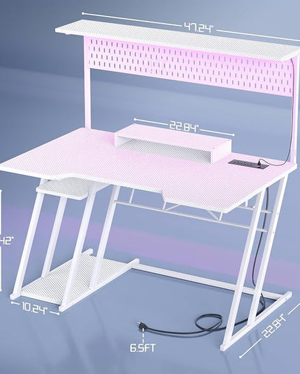 Gaming Computer Desk with Storage Shelves & Z-Shaped Legs, White Gaming Desk with Hutch and LED Lights, Reversible PC Gaming Desk with Pegboard for Bedroom & Small Spaces, Carbon Fiber Surface, 47'' - LeafyLoom