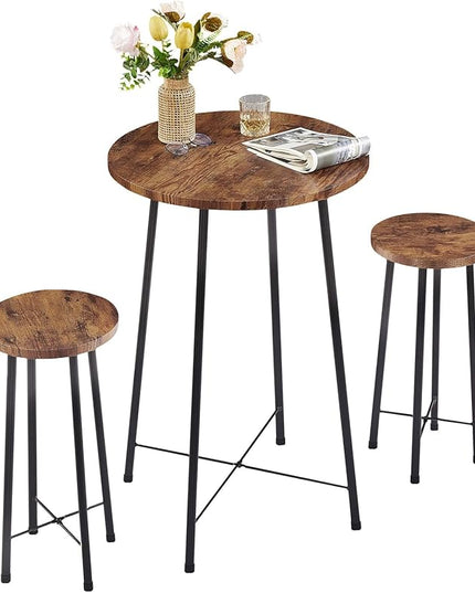 VECELO Small Bar Table and Chairs, Round Bistro Sets with 2 barstools, 3-Piece Pub Dining Furniture, Counter Height Wood Top for Breakfast Dinner Coffee Nap Conference, Easy Assembly, Brown - LeafyLoom