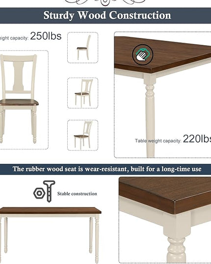 6-Piece Classic Rectangle Wooden Dining Table Set with 4 Chairs and Bench for Kitchen, Brown + Cottage White, 60" L x 35.8" W x 30" H - LeafyLoom