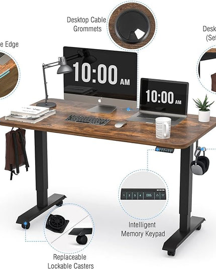Monomi Electric Height Adjustable Standing Desk, 48x24 Inches, Ergonomic Home Office Sit/ Stand Up Desk (Black Steel Frame/Rustic Brown Top) - LeafyLoom