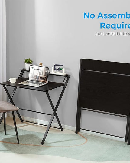 GreenForest Folding Desk No Assembly Required Small Size, 2-Tier Foldable Computer Desk with Shelf for Home Office, Space Saving Portable Laptop Study Foldable Table for Small Spaces, Black - LeafyLoom